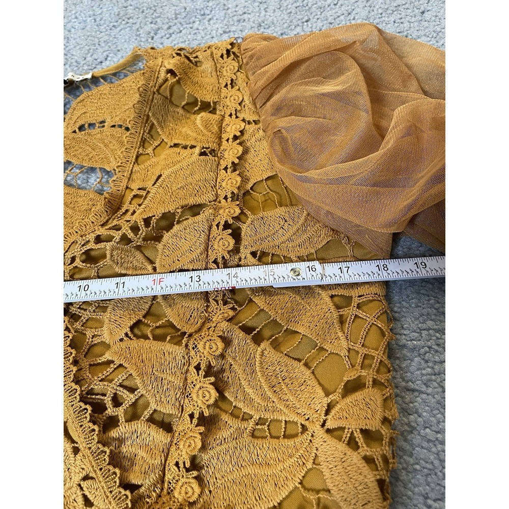 Haute Monde Floral Embroidery Peplum Blouse S Gold Lace Sheer Puff Sleeve Party - Picture 10 of 15